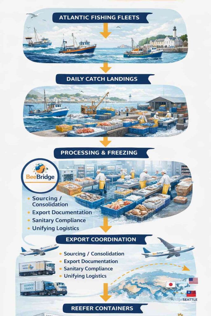 Commonly available species include: Coquille Saint-Jacques (Scallops) Seiche (Cuttlefish – Sepia officinalis) Encornet (European squid – Loligo vulgaris) Poulpe (Octopus) Maquereau (Mackerel) Pétoncle (Small scallops) Amande de mer (Dog cockles) Bulot (Whelk) Roussette (Small shark / dogfish) Raie (Skate) Dorade (Sea bream) Carrelet (Plaice) Sole Merlan (Whiting)